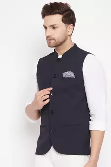 Blue woven poly ryon nehru jacket