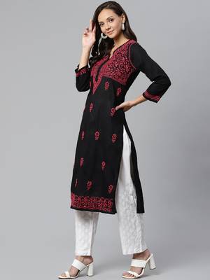 Ada Hand Embroidered Black Cotton Lucknow Chikankari Women Kurta with Palazzo Set - A100391 3