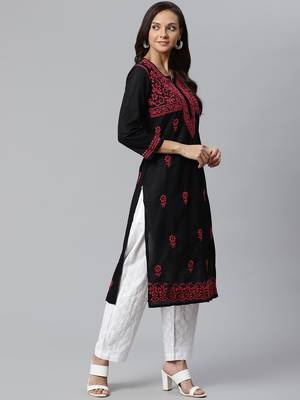 Ada Hand Embroidered Black Cotton Lucknow Chikankari Women Kurta with Palazzo Set - A100391 4
