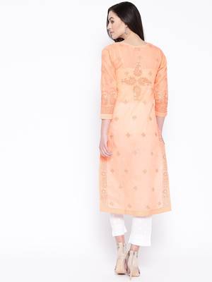 Ada Hand Embroidered Peach Cotton Lucknow Chikankari Women Kurta with Trouser Set - A100225 2