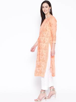 Ada Hand Embroidered Peach Cotton Lucknow Chikankari Women Kurta with Trouser Set - A100225 3