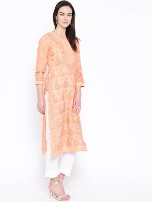 Ada Hand Embroidered Peach Cotton Lucknow Chikankari Women Kurta with Trouser Set - A100225 4