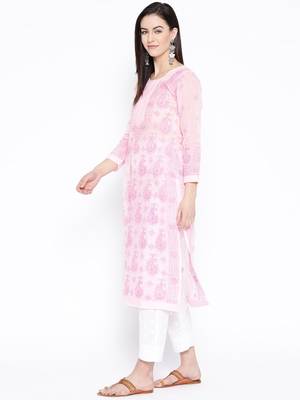 Ada Hand Embroidered Pink Cotton Lucknow Chikankari Women Kurta with Trouser Set - A100216 3