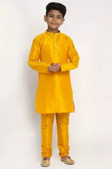 Boys Mustard Color Silk Kurta with Churidar