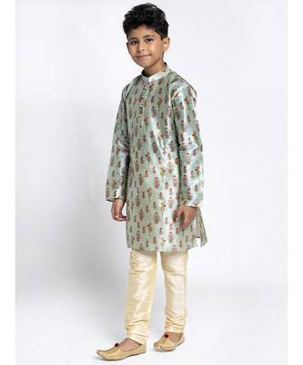 Boys Sky Blue Color Printed Silk Kurta with Churidar 1