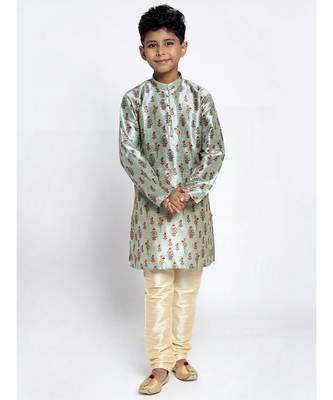 Boys Sky Blue Color Printed Silk Kurta with Churidar 4