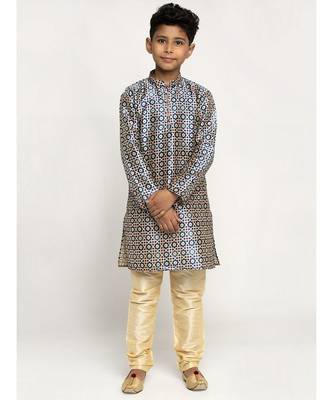Boys Blue Color Printed Silk Kurta with Churidar 1