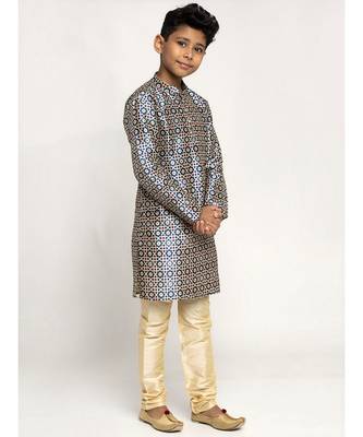 Boys Blue Color Printed Silk Kurta with Churidar 3