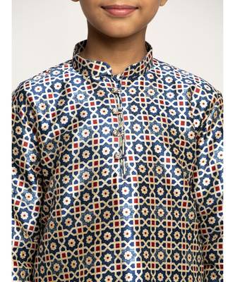 Boys Blue Color Printed Silk Kurta with Churidar 5