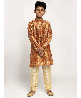 Boys Copper Color Printed Silk Kurta with Churidar 1