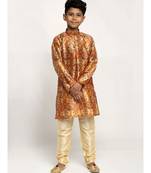 Boys Copper Color Printed Silk Kurta with Churidar