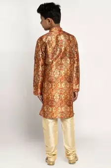 Boys Copper Color Printed Silk Kurta with Churidar