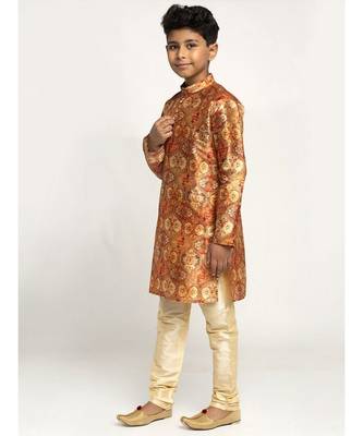 Boys Copper Color Printed Silk Kurta with Churidar 3