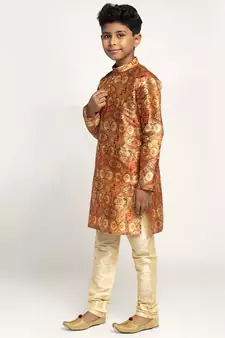 Boys Copper Color Printed Silk Kurta with Churidar