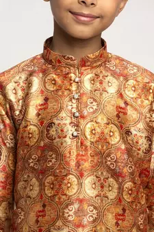 Boys Copper Color Printed Silk Kurta with Churidar