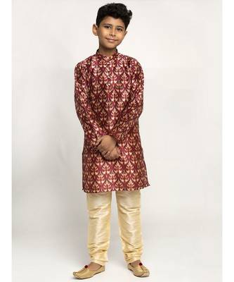 Boys Maroon Color Printed Silk Kurta with Churidar 1