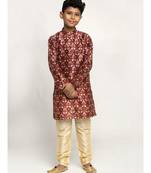 Boys Maroon Color Printed Silk Kurta with Churidar