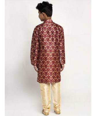 Boys Maroon Color Printed Silk Kurta with Churidar 2