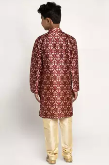Boys Maroon Color Printed Silk Kurta with Churidar