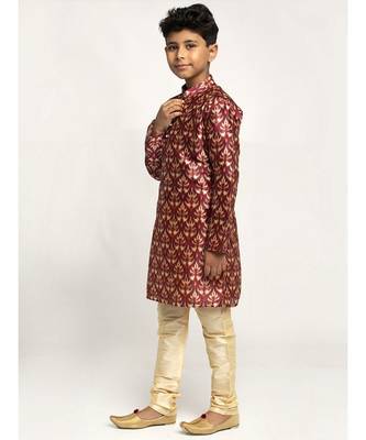 Boys Maroon Color Printed Silk Kurta with Churidar 3