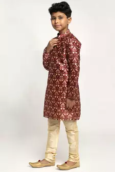 Boys Maroon Color Printed Silk Kurta with Churidar