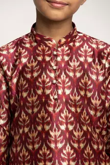 Boys Maroon Color Printed Silk Kurta with Churidar