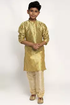 Boys Pista Color Printed Silk Kurta with Churidar