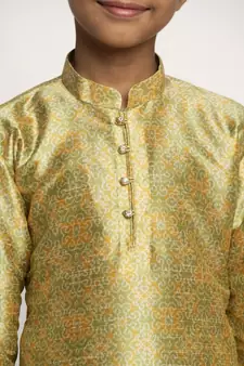Boys Pista Color Printed Silk Kurta with Churidar