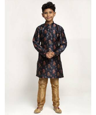 Boys Navy Blue Color Printed Silk Kurta with Churidar 1