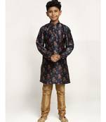 Boys Navy Blue Color Printed Silk Kurta with Churidar