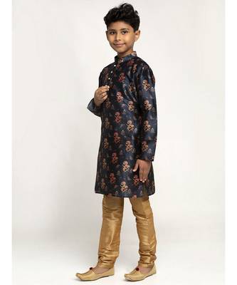 Boys Navy Blue Color Printed Silk Kurta with Churidar 2