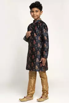 Boys Navy Blue Color Printed Silk Kurta with Churidar