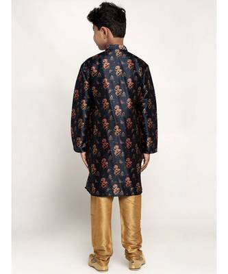 Boys Navy Blue Color Printed Silk Kurta with Churidar 3