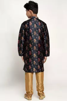 Boys Navy Blue Color Printed Silk Kurta with Churidar