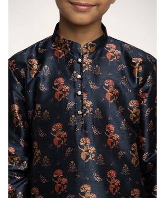 Boys Navy Blue Color Printed Silk Kurta with Churidar 4