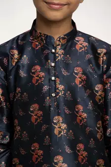 Boys Navy Blue Color Printed Silk Kurta with Churidar