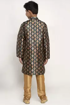 Boys Green Color Printed Silk Kurta with Churidar