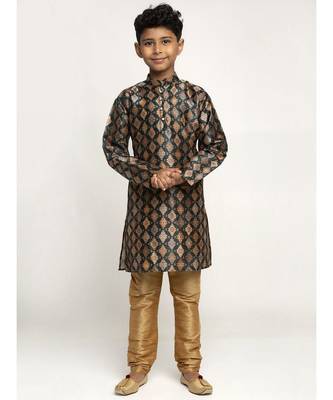 Boys Green Color Printed Silk Kurta with Churidar 3