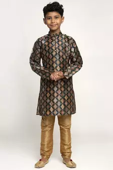 Boys Green Color Printed Silk Kurta with Churidar