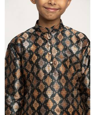 Boys Green Color Printed Silk Kurta with Churidar 4