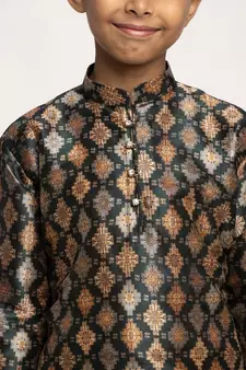 Boys Green Color Printed Silk Kurta with Churidar
