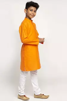 Orange and White Cotton Boys Kurta Pyjama