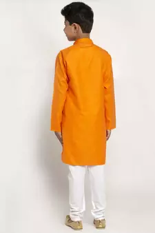 Orange and White Cotton Boys Kurta Pyjama
