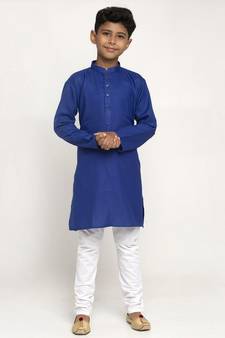 Blue and White Cotton Boys Kurta Pyjama