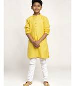 Yellow and White Cotton Boys Kurta Pyjama