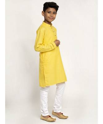 Yellow and White Cotton Boys Kurta Pyjama 3
