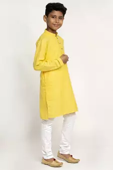 Yellow and White Cotton Boys Kurta Pyjama