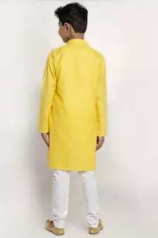 Yellow and White Cotton Boys Kurta Pyjama