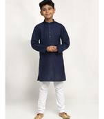 Navy Blue and White Cotton Boys Kurta Pyjama