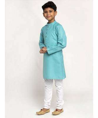 Sea Green and White Cotton Boys Kurta Pyjama 1